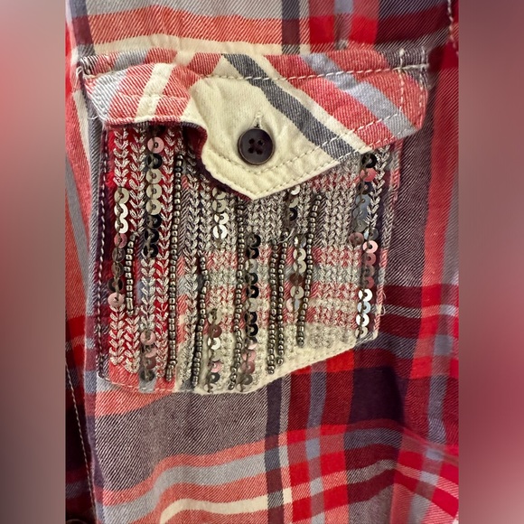 Mudd Metallic pockets Button-Front Flannel Shirt- Medium - Picture 2 of 3